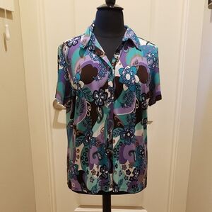 Vintage Floral Women's Short Sleeve Blouse In Purple, Brown, Blue